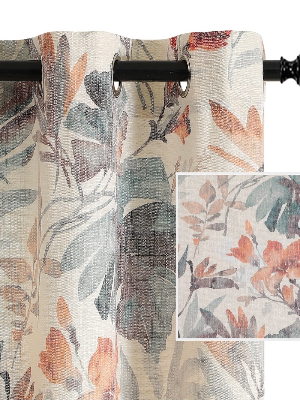 Floral Sheer Grommet Curtain Panel in Cream, Blue & Orange52x95